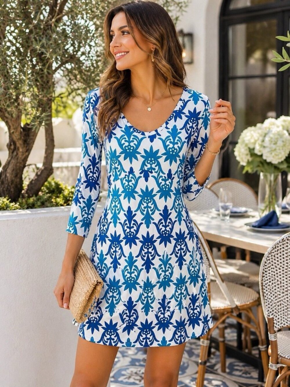 Boden Blue/Aqua Geo Print 3/4 Sleeve V-Neck Jersey Knit Sheath Dress Size 4P